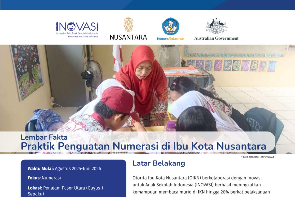 Sampul Lembar Fakta Praktik Penguatan Numerasi di Ibu Kota Nusantara: guru mendampingi murid belajar numerasi di kelas, dengan logo INOVASI, Nusantara, Kemendikdasmen, dan Australian Government